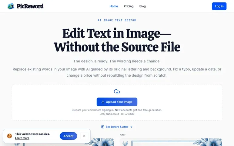 Screenshot of the PicReword homepage