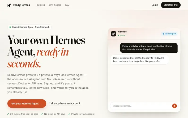 Screenshot of the ReadyHermes homepage