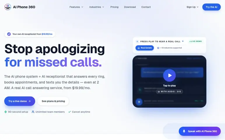 Screenshot of the AI Phone 360 homepage