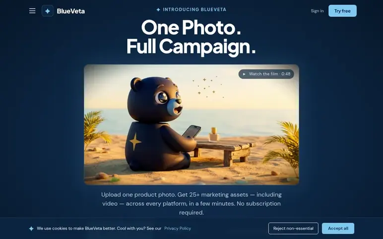 Screenshot of the BlueVeta homepage
