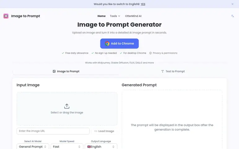Screenshot of the Image to Prompt homepage