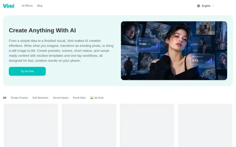 Screenshot of the Vimi homepage