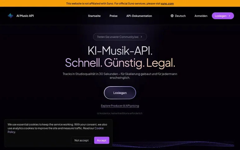 Screenshot of the AI Music API homepage