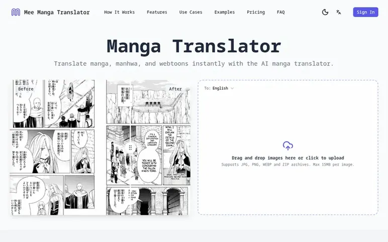 Screenshot of the Mee Manga Translator homepage