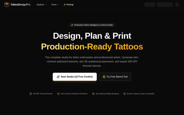 Screenshot of the TattooDesignPro homepage