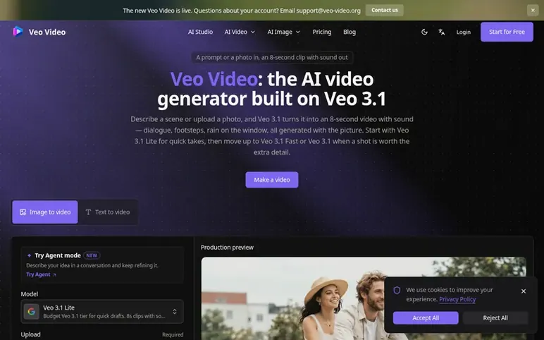 Screenshot of the Veo Video homepage