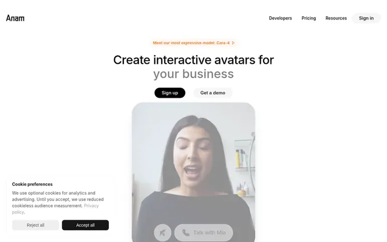 Screenshot of the Anam homepage