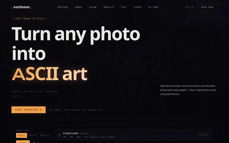 Screenshot of the Asciinova Image to ASCII Converter homepage