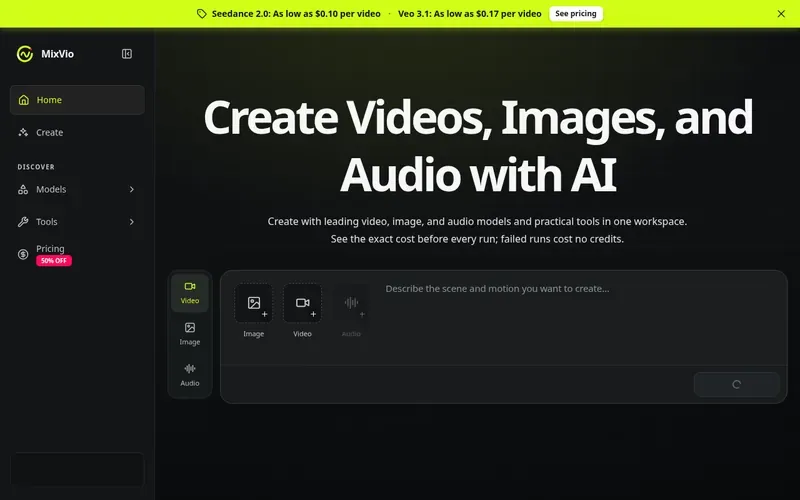 Screenshot of the MixVio AI homepage