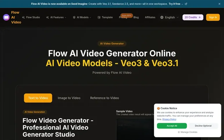 Screenshot of the Flow AI Video homepage