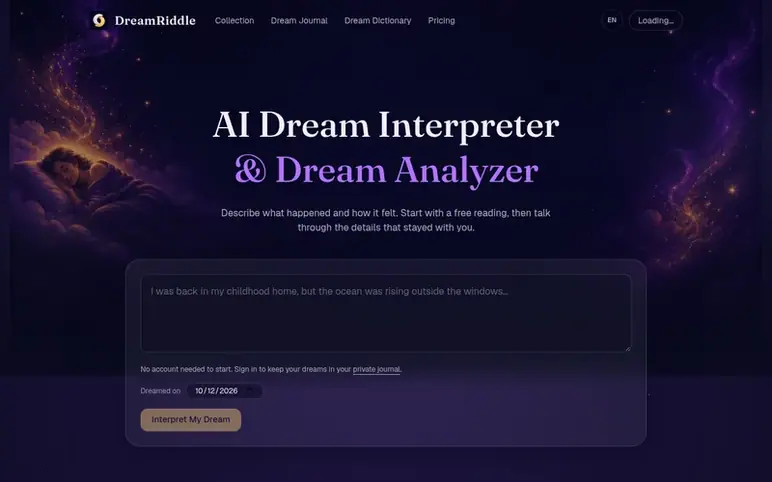 Screenshot of the DreamRiddle homepage