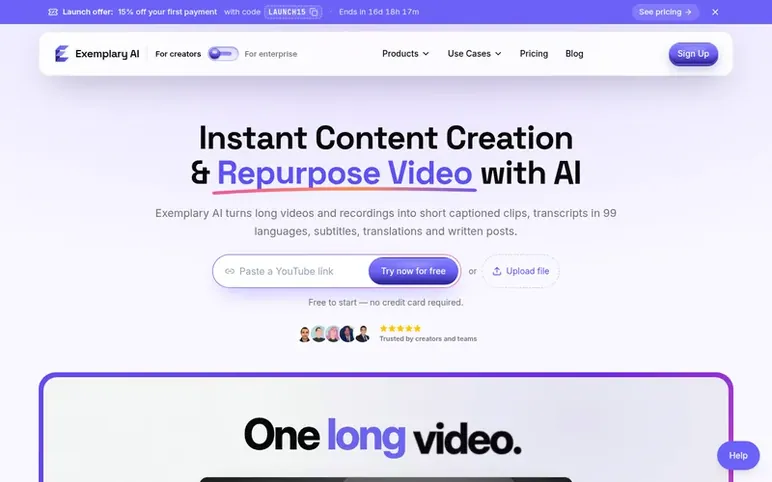 Screenshot of the Exemplary AI homepage