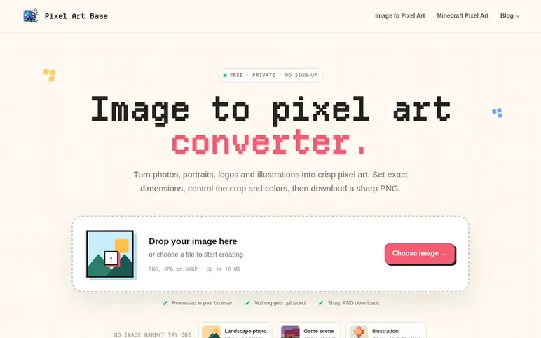 Screenshot of the Pixel Art Base homepage