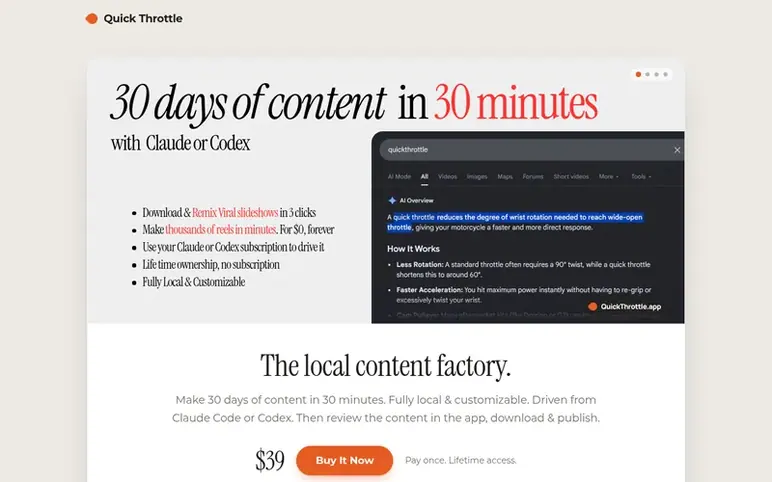 Screenshot of the Quick Throttle homepage