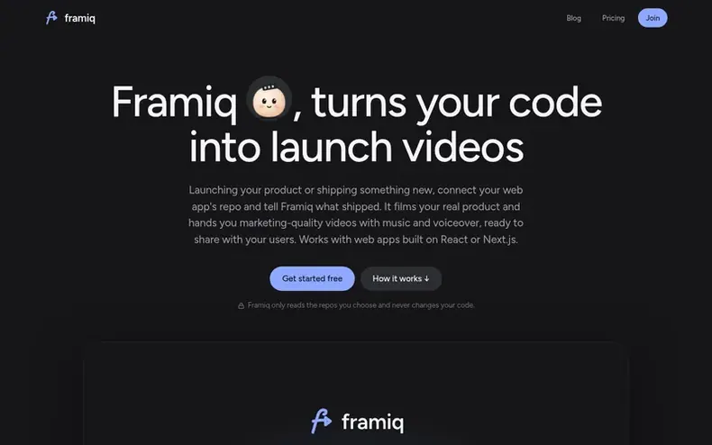 Screenshot of the Framiq homepage