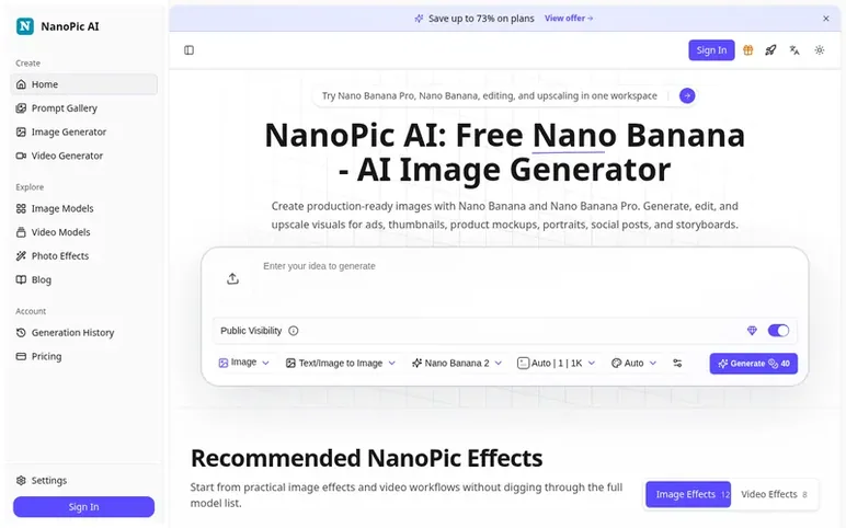 Screenshot of the NanoPic AI homepage