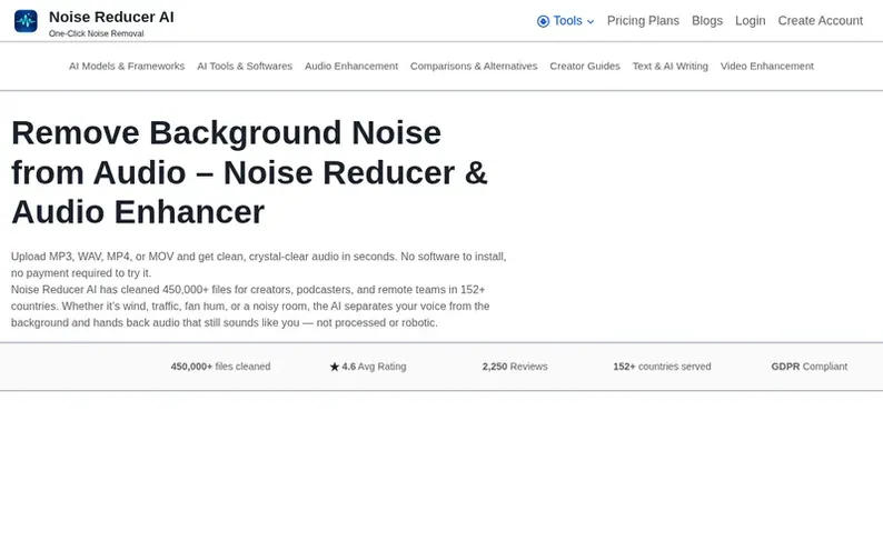 Screenshot of the Noise Reducer AI homepage