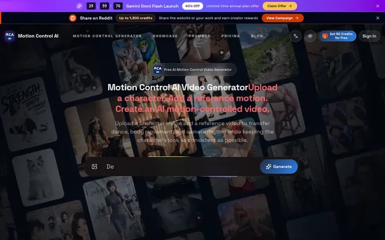 Screenshot of the Motion Control AI homepage