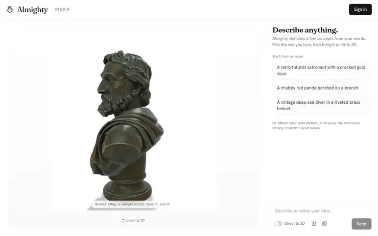 Screenshot of the Almighty homepage