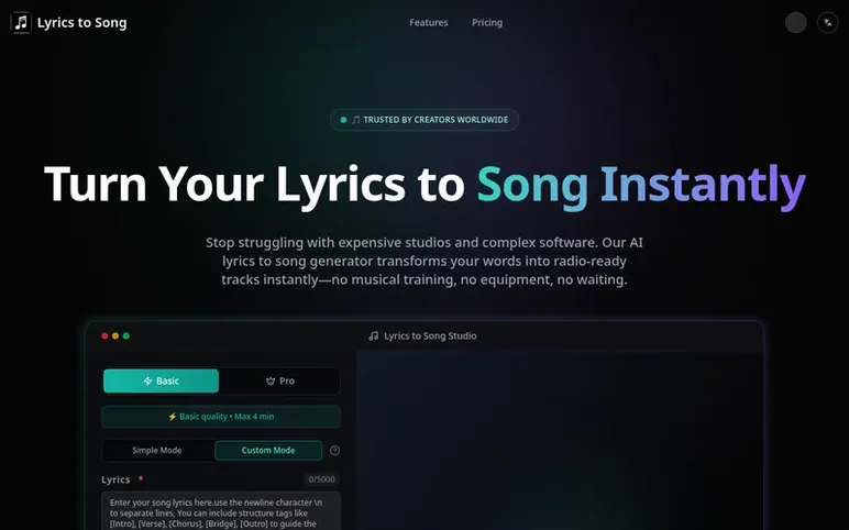 Screenshot of the Lyrics to Song homepage