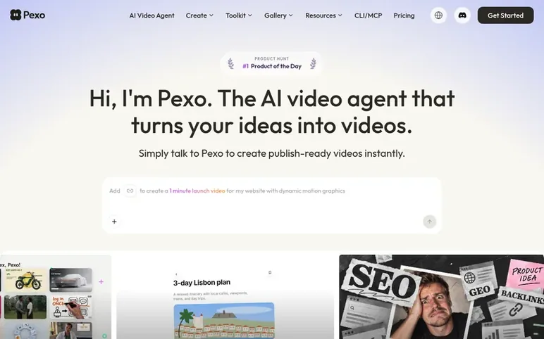 Screenshot of the Pexo homepage
