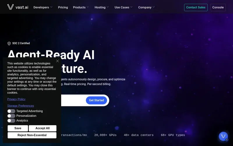 Screenshot of the Vast.ai homepage