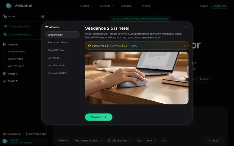 Screenshot of the VidRush AI homepage