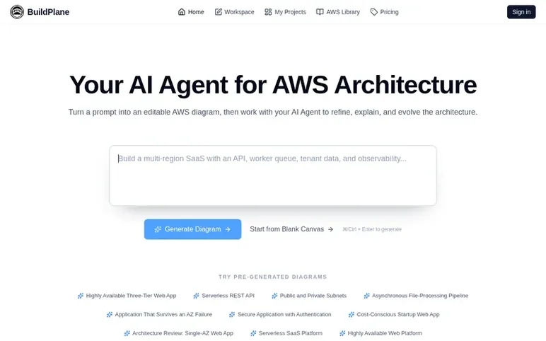 Screenshot of the BuildPlane homepage