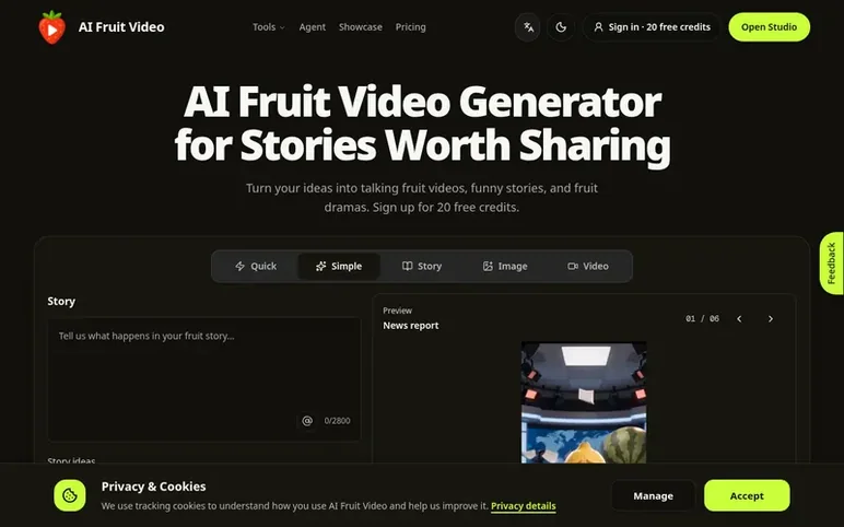 Screenshot of the AI Fruit Video homepage