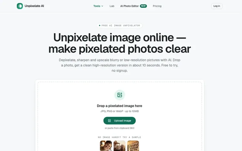 Screenshot of the Unpixelate AI homepage