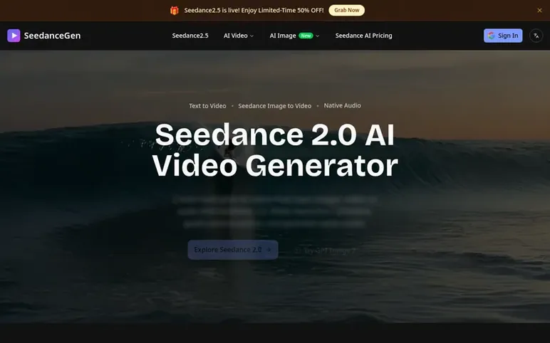 Screenshot of the SeedanceGen homepage
