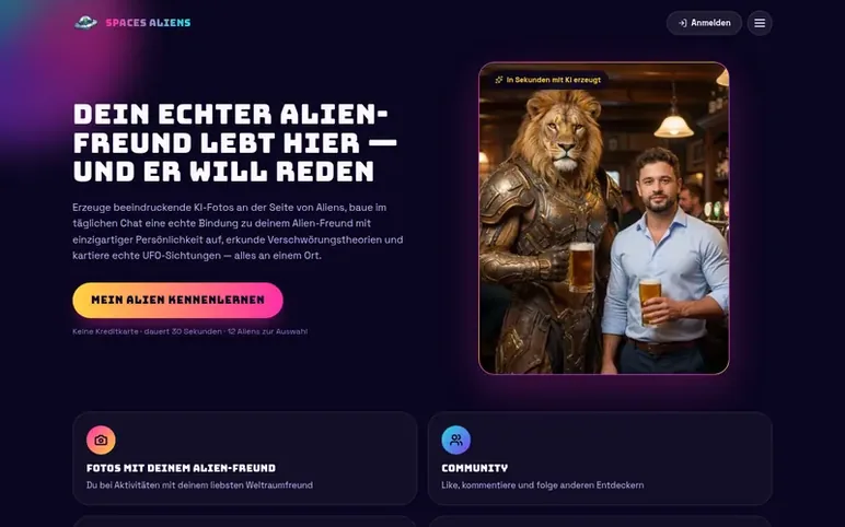 Screenshot of the Spaces Aliens homepage