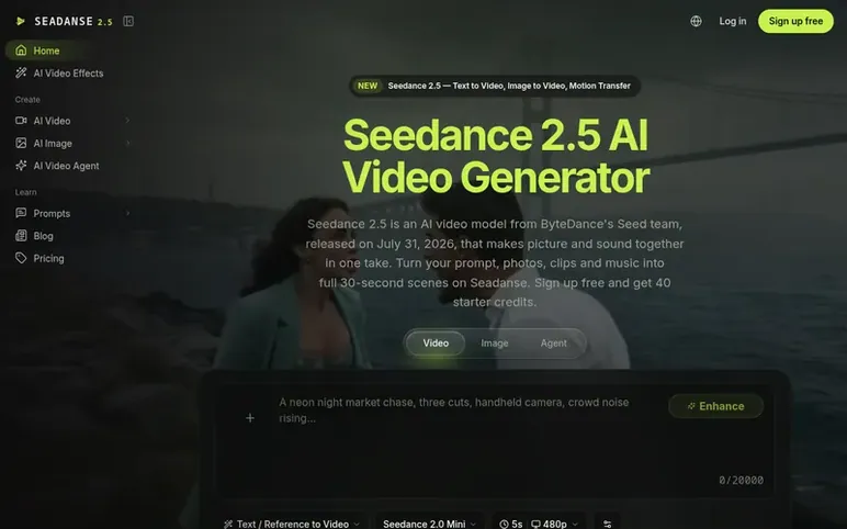 Screenshot of the Seadanse homepage