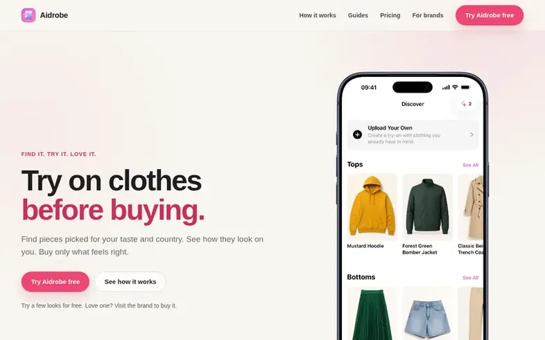 Screenshot of the Aidrobe homepage