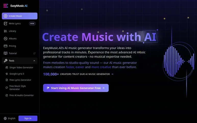 Screenshot of the EasyMusic.AI homepage