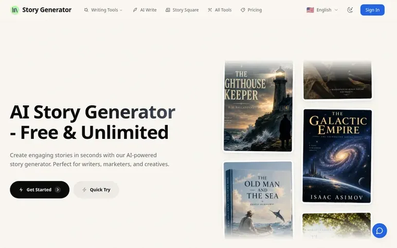 Screenshot of the AI Story Generator homepage