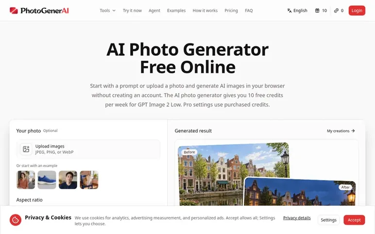 Screenshot of the PhotoGenerAI homepage
