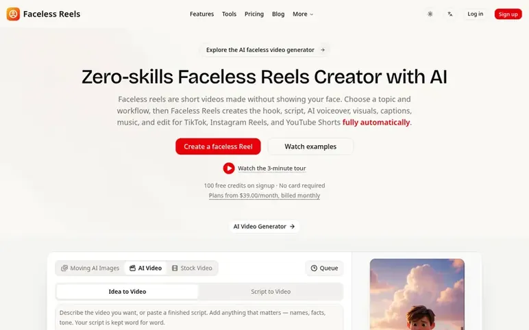 Screenshot of the Faceless Reels homepage
