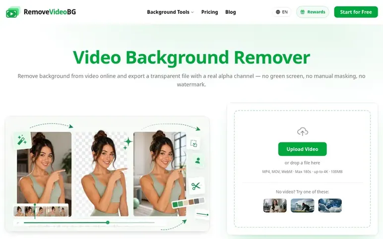 Screenshot of the RemoveVideoBG homepage