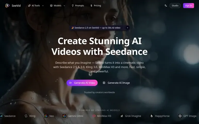Screenshot of the SeeVid homepage