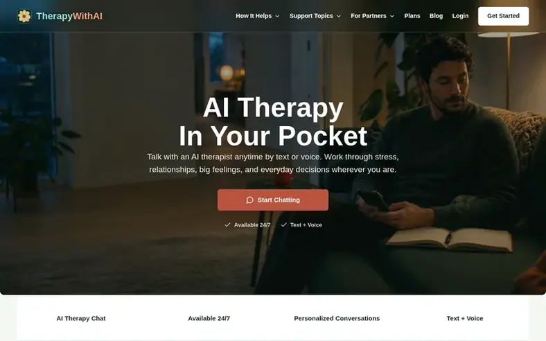 Screenshot of the TherapyWithAI homepage