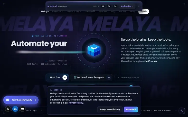 Screenshot of the Melaya homepage