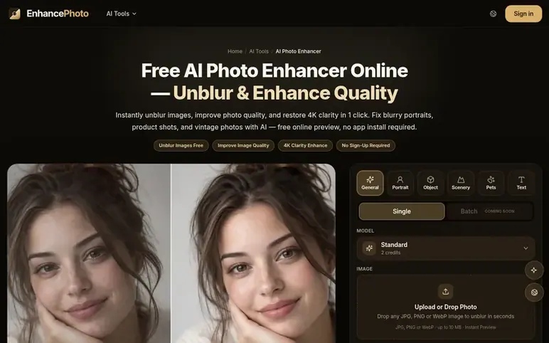 Screenshot of the EnhancePhoto homepage