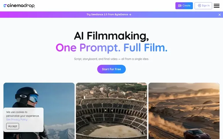 Screenshot of the CinemaDrop homepage