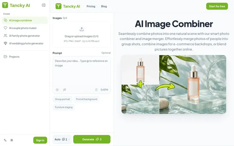 Screenshot of the Tancky AI homepage