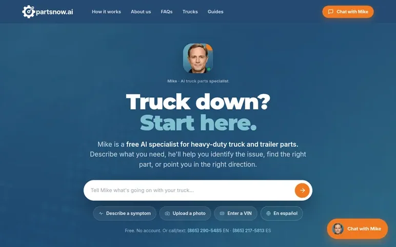 Screenshot of the PartsNow.ai homepage