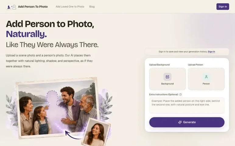 Screenshot of the Add Person to Photo homepage