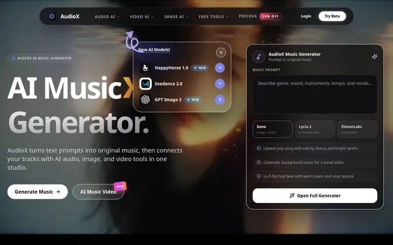 Screenshot of the AudioX homepage