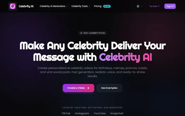 Screenshot of the Celebrity AI homepage
