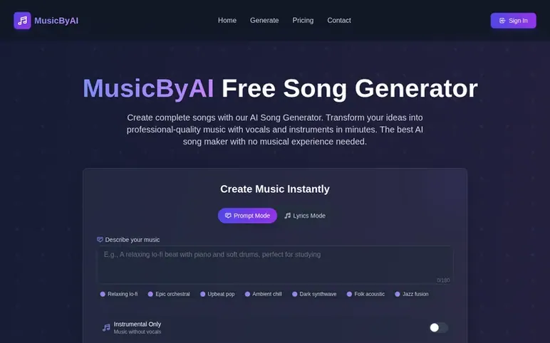 Screenshot of the MusicByAI homepage